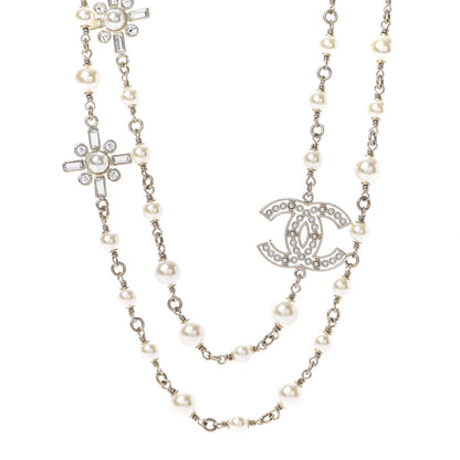 Chanel Crystal Baguette Pearl CC Cross Necklace Gold 1 of 6