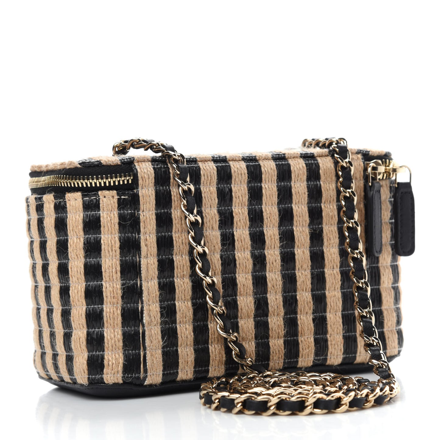 Raffia Jute Striped Small Vanity Case With Chain Black Beige