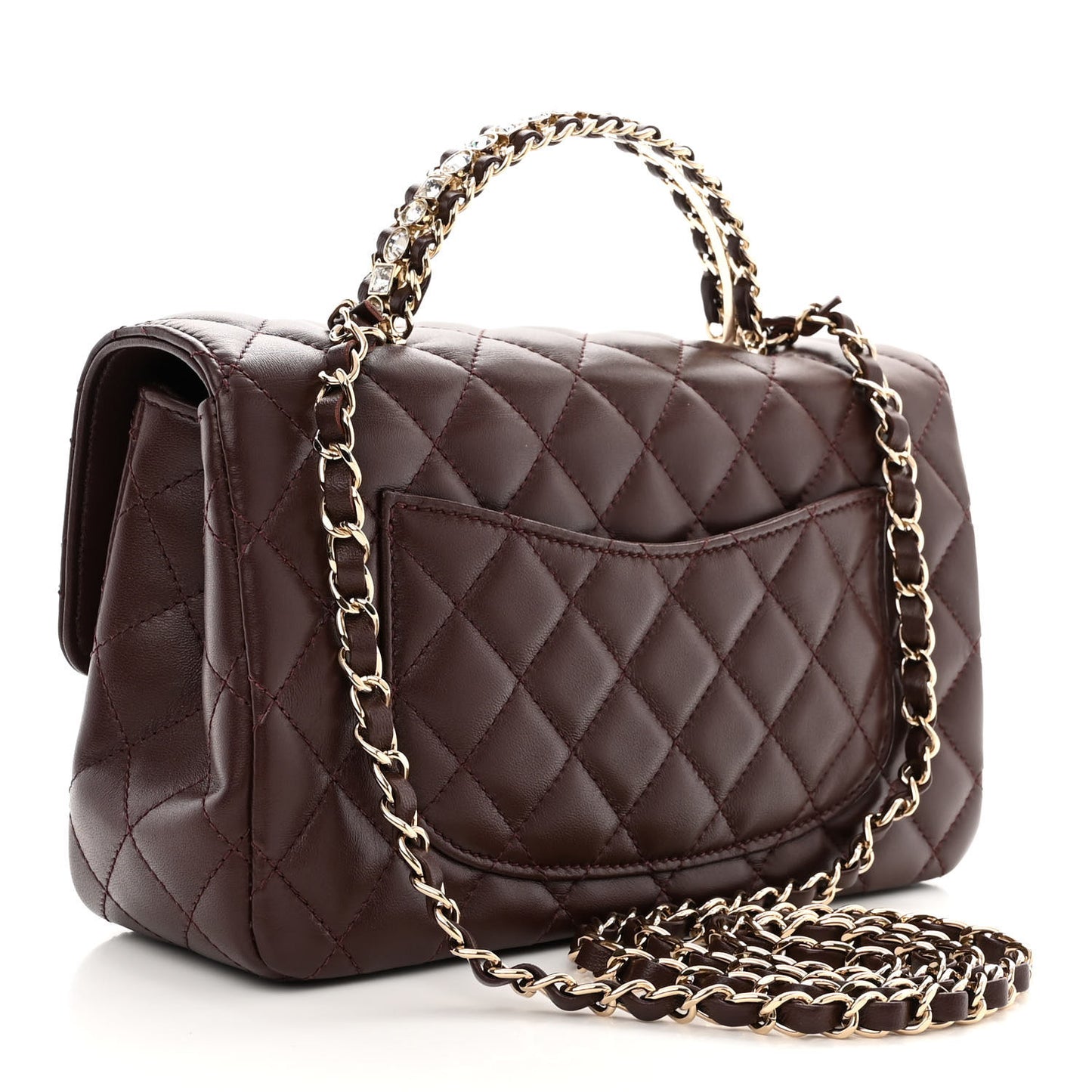 Lambskin Quilted Medium Crystal Top Handle Rectangular Flap Dark Brown