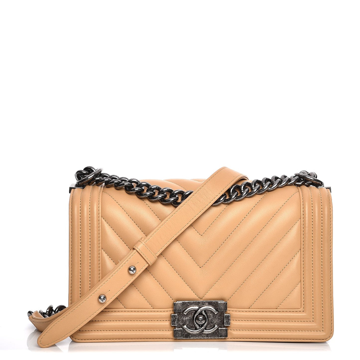 Calfskin Chevron Quilted Medium Boy Flap Dark Beige