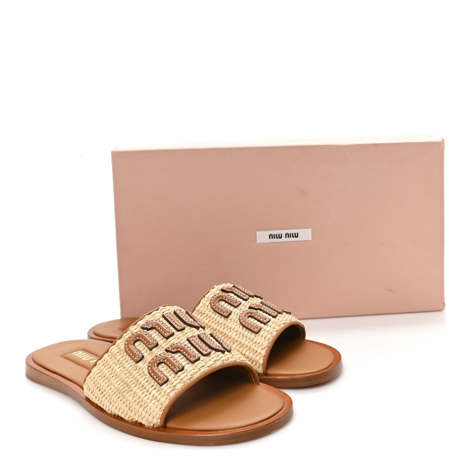 Miu Miu Stuoia Raffia Calfskin Logo Sandals 36 Naturale 1902014