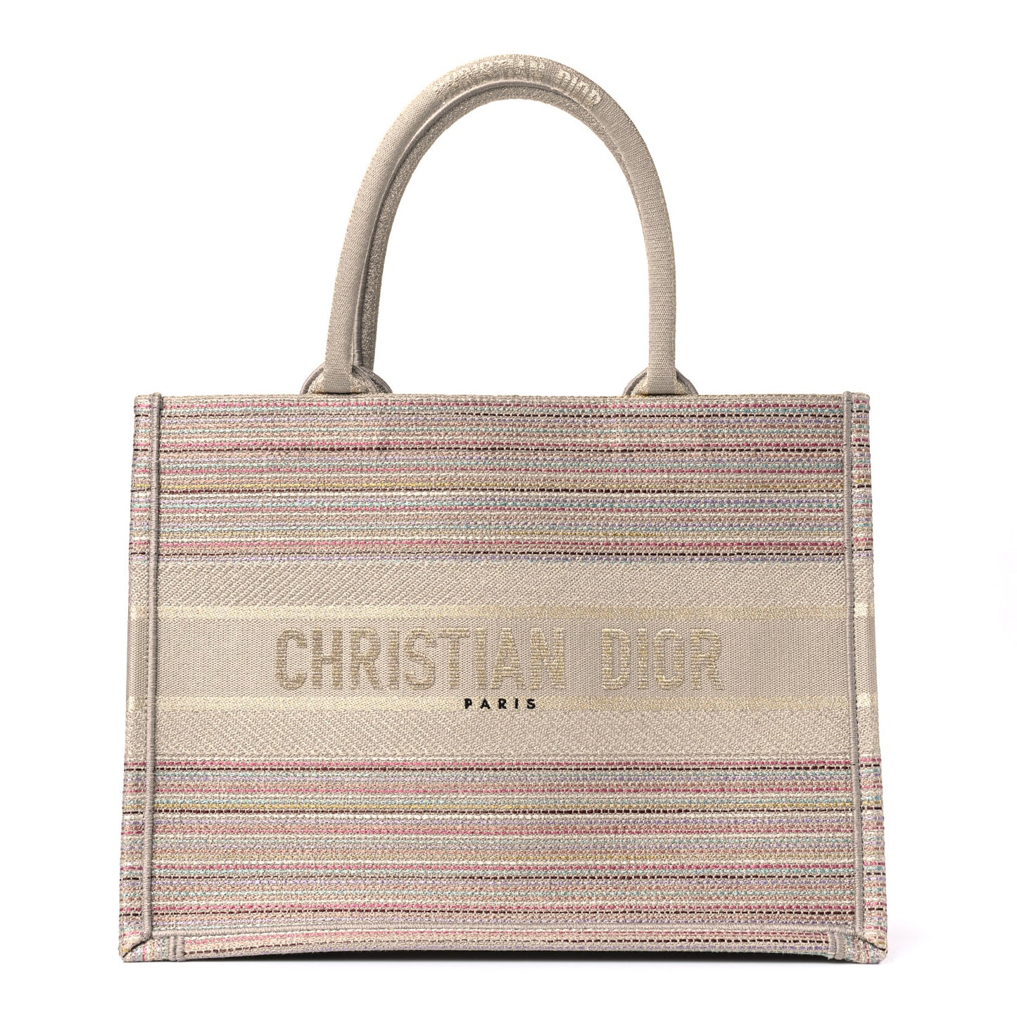Canvas Embroidered Medium Stripes Book Tote Beige Multicolor