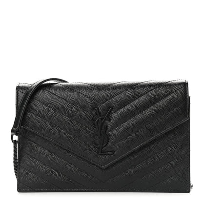 Saint Laurent Grain De Poudre Matelasse Chevron Monogram Envelope Chain Wallet Black 1 of 8