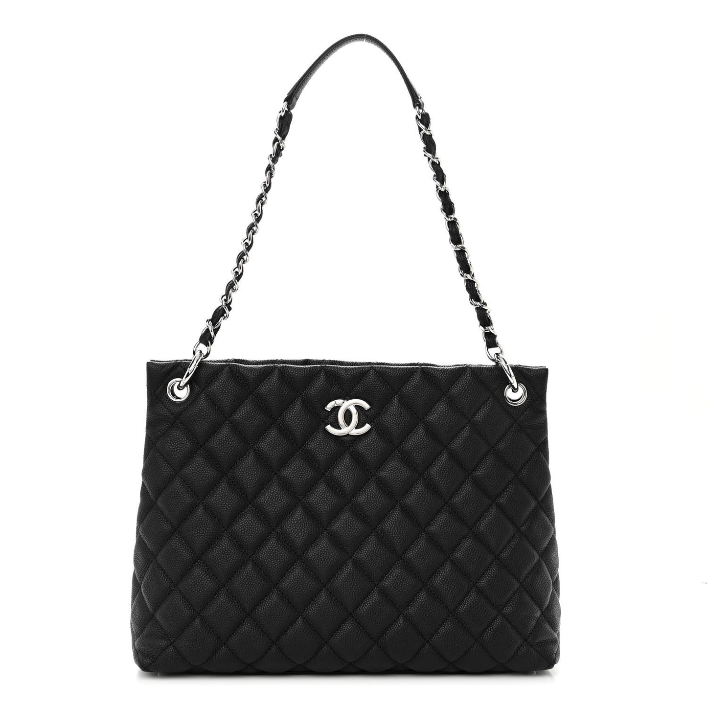 Caviar Quilted Large CC Shopping Tote Black