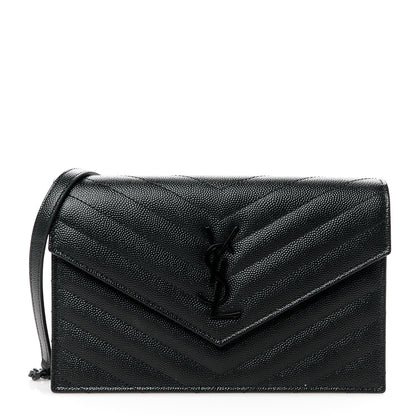 Saint Laurent Grain De Poudre Matelasse Chevron Monogram Monochrome Envelope Chain Wallet Black 1 of 9