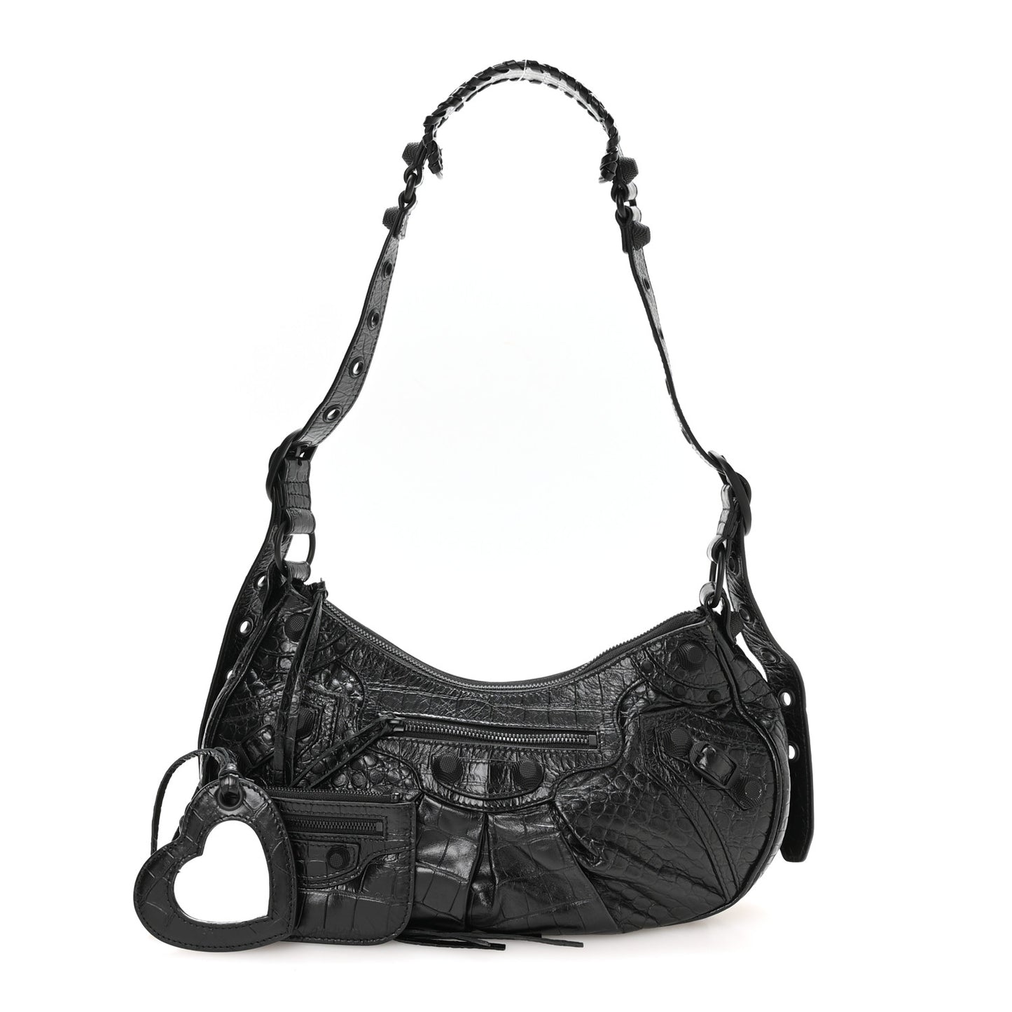 Extra Supple Calfskin Crocodile Embossed Monochrome Small Le Cagole Shoulder Bag Black
