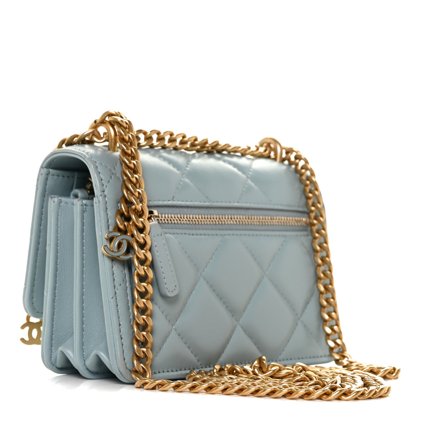 Lambskin Enamel Quilted Pending CC Clutch With Chain Light Blue