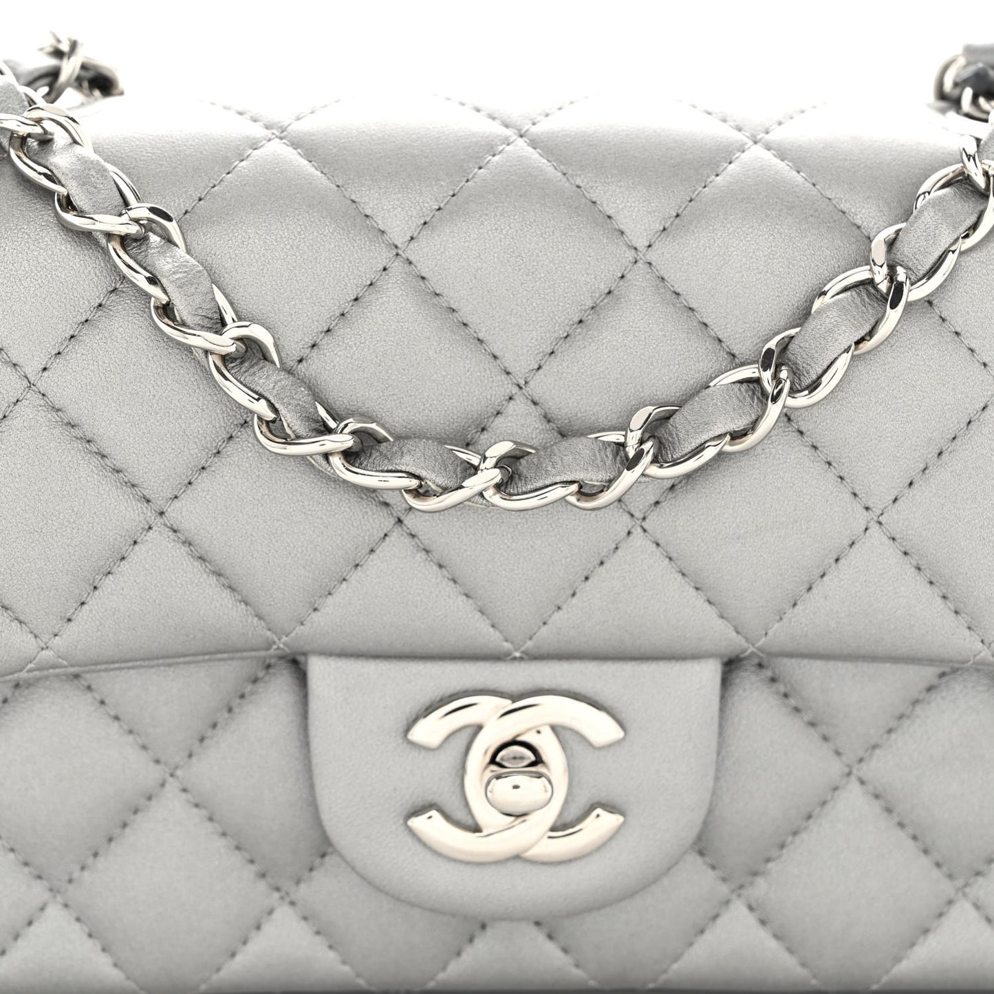 Metallic Lambskin Quilted Mini Rectangular Flap Silver