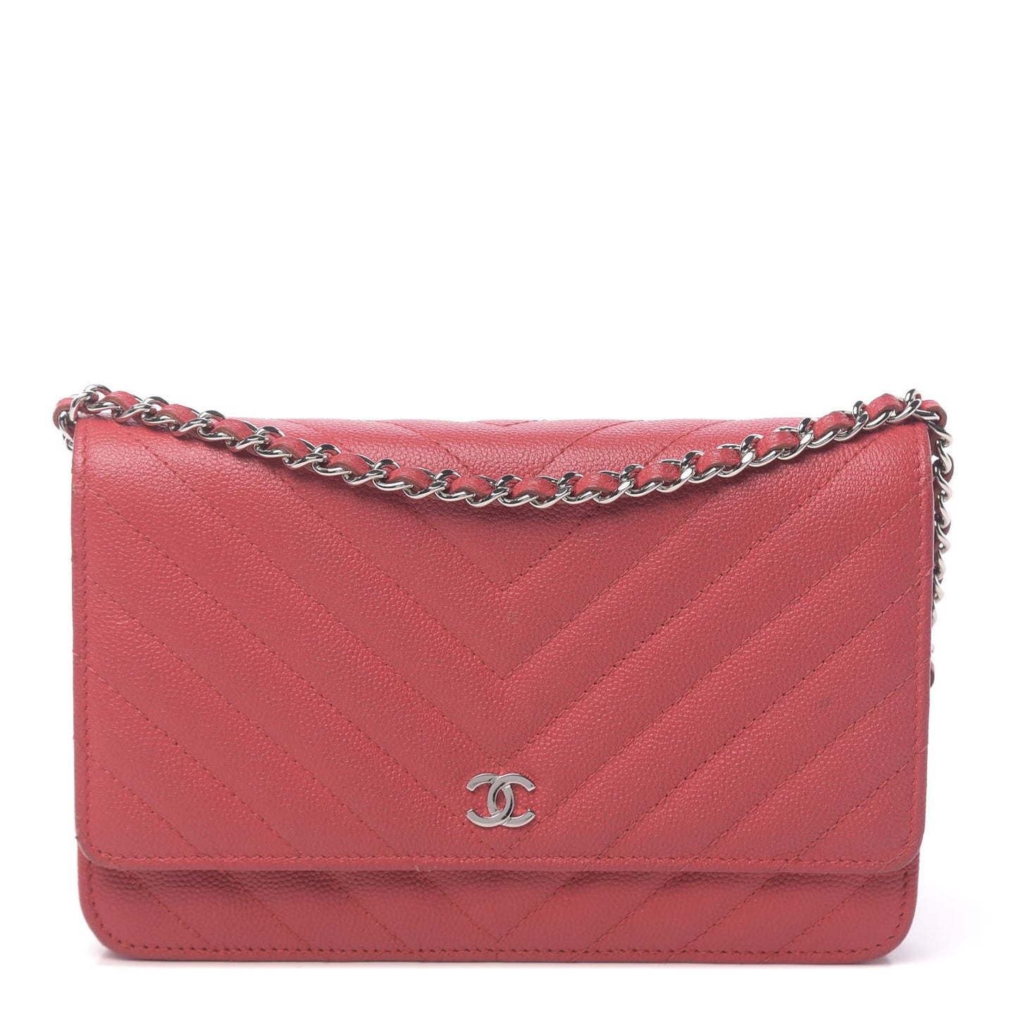 Caviar Chevron Quilted Wallet On Chain WOC Red