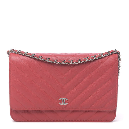 Chanel Caviar Chevron Quilted Wallet On Chain WOC Red 1 of 13