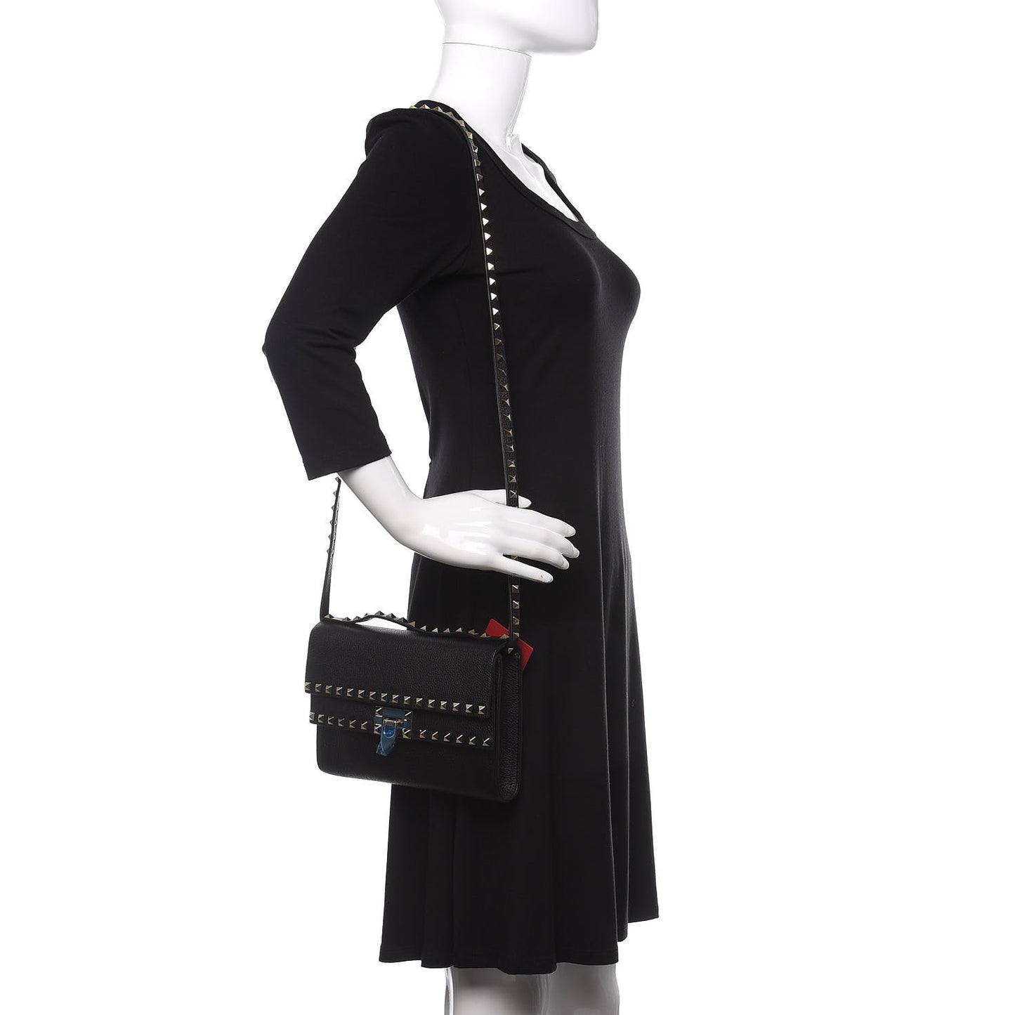 Grainy Calfskin Rockstud Double Flap Crossbody Bag Black