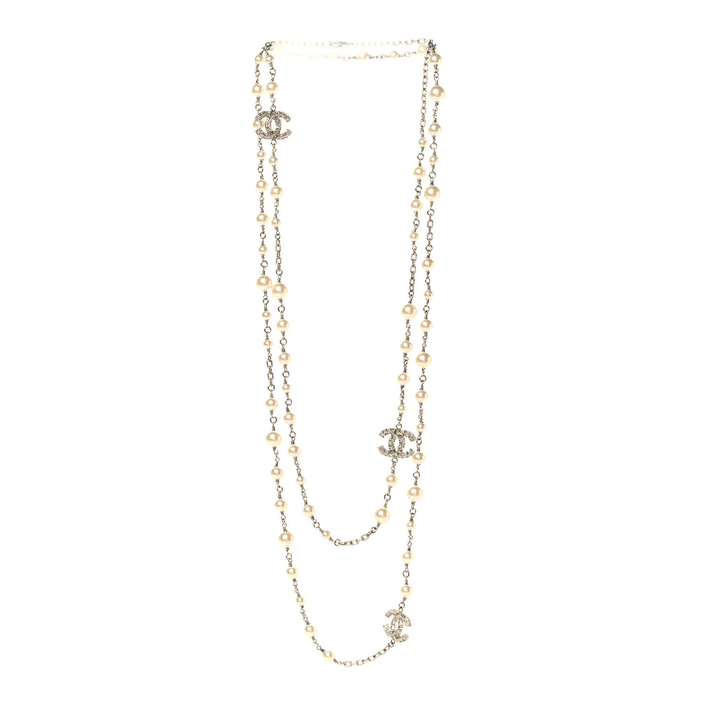 Crystal Pearl CC Long Necklace Silver