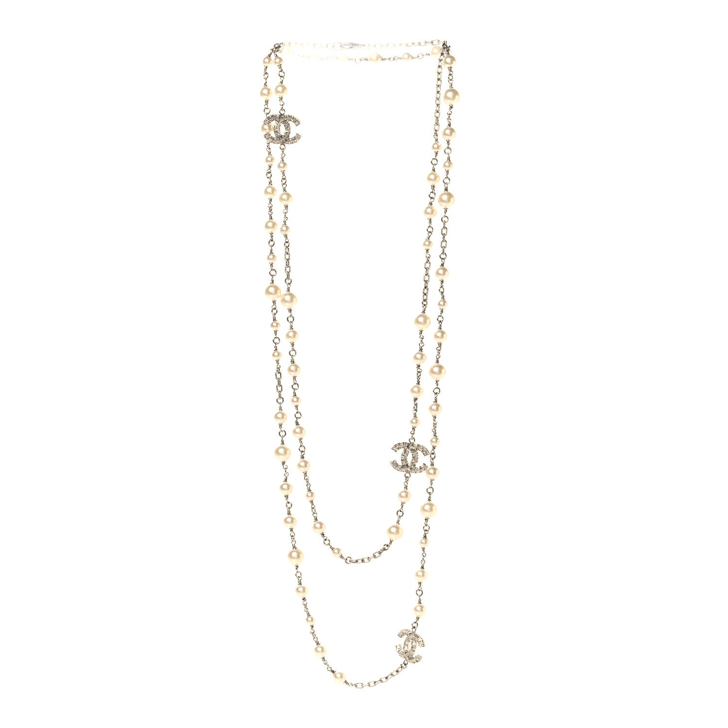 Chanel Crystal Pearl CC Long Necklace Silver 3 of 4