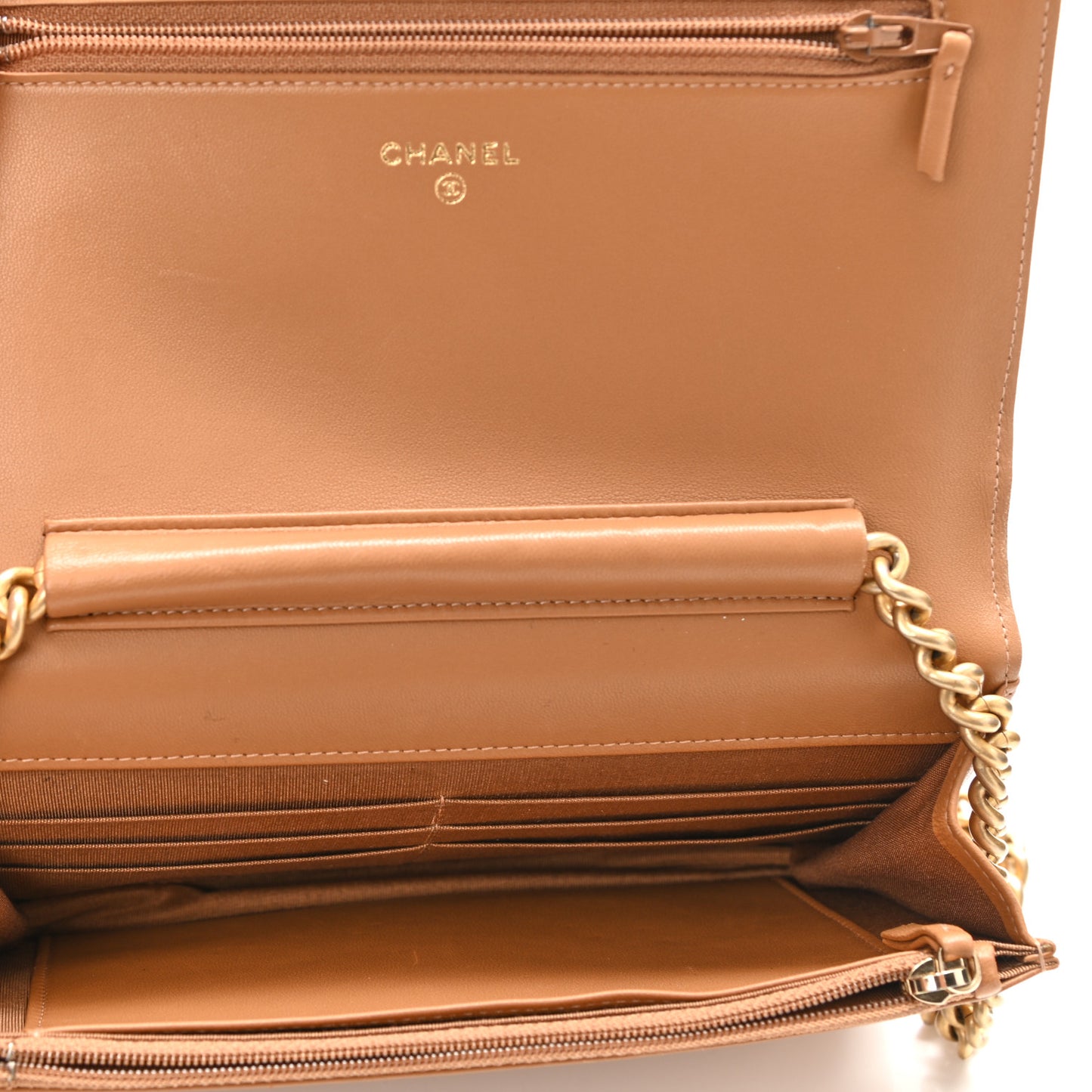 Lambskin Chevron Quilted Boy Wallet On Chain WOC Brown