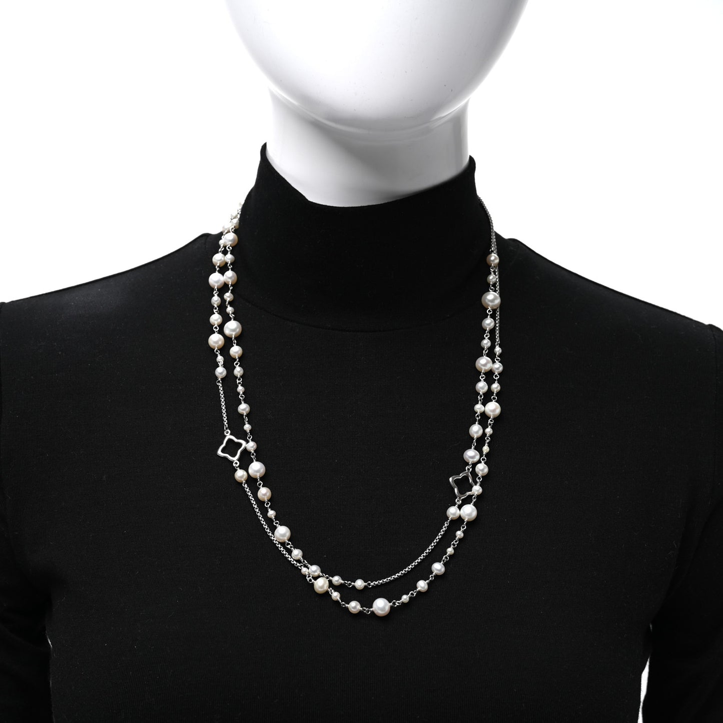 Sterling Silver Cultured Pearl Quatrefoil Long Chain Necklace