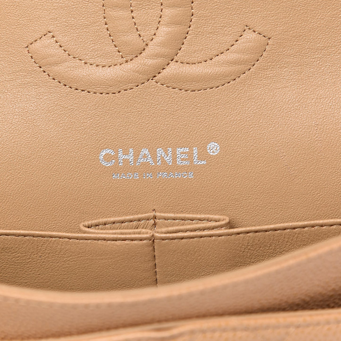 Caviar Quilted Medium Double Flap Beige