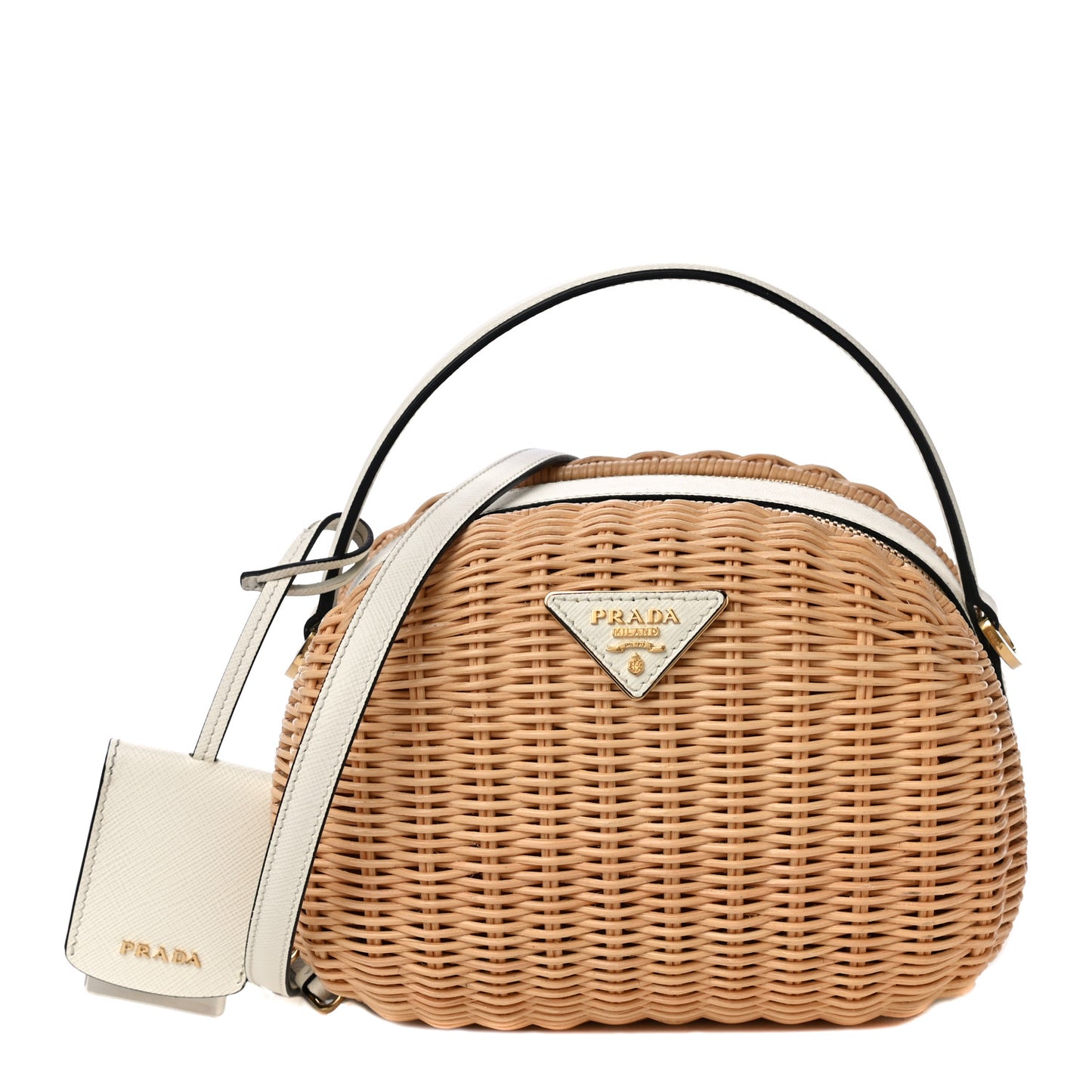 Wicker Saffiano Midolino Odette Top Handle Bag Tan White