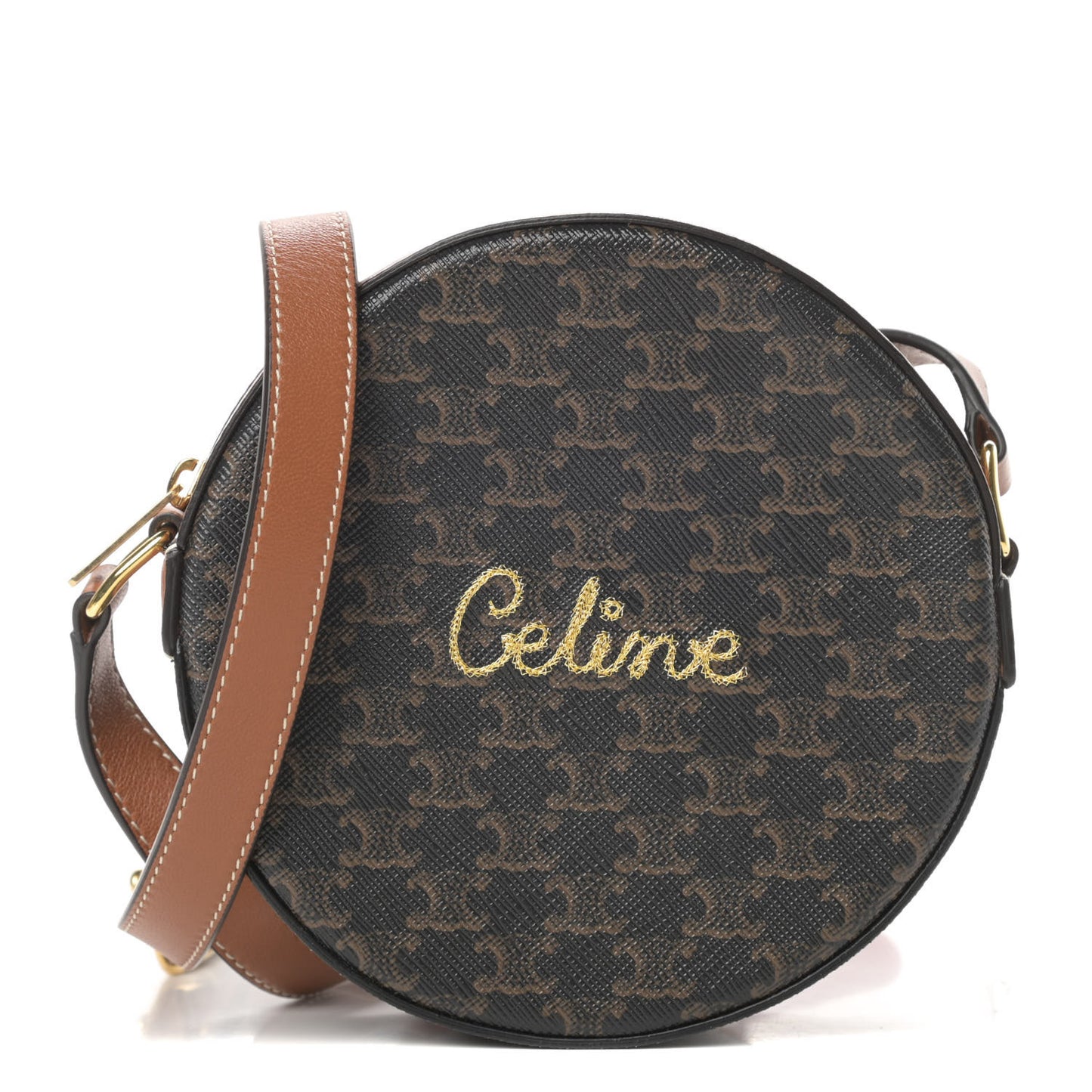 Triomphe Canvas Embroidered Logo Round Purse On Strap Black Tan