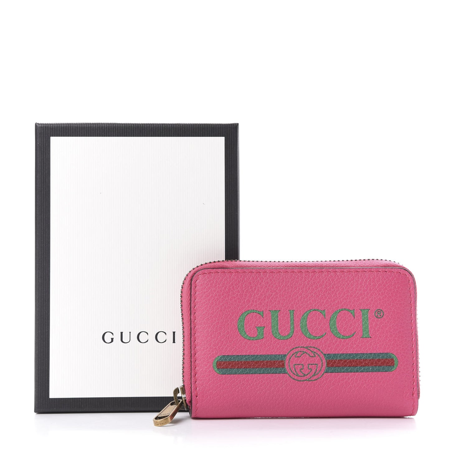 Grained Calfskin Logo Zip Around Card Case Box Pink Green