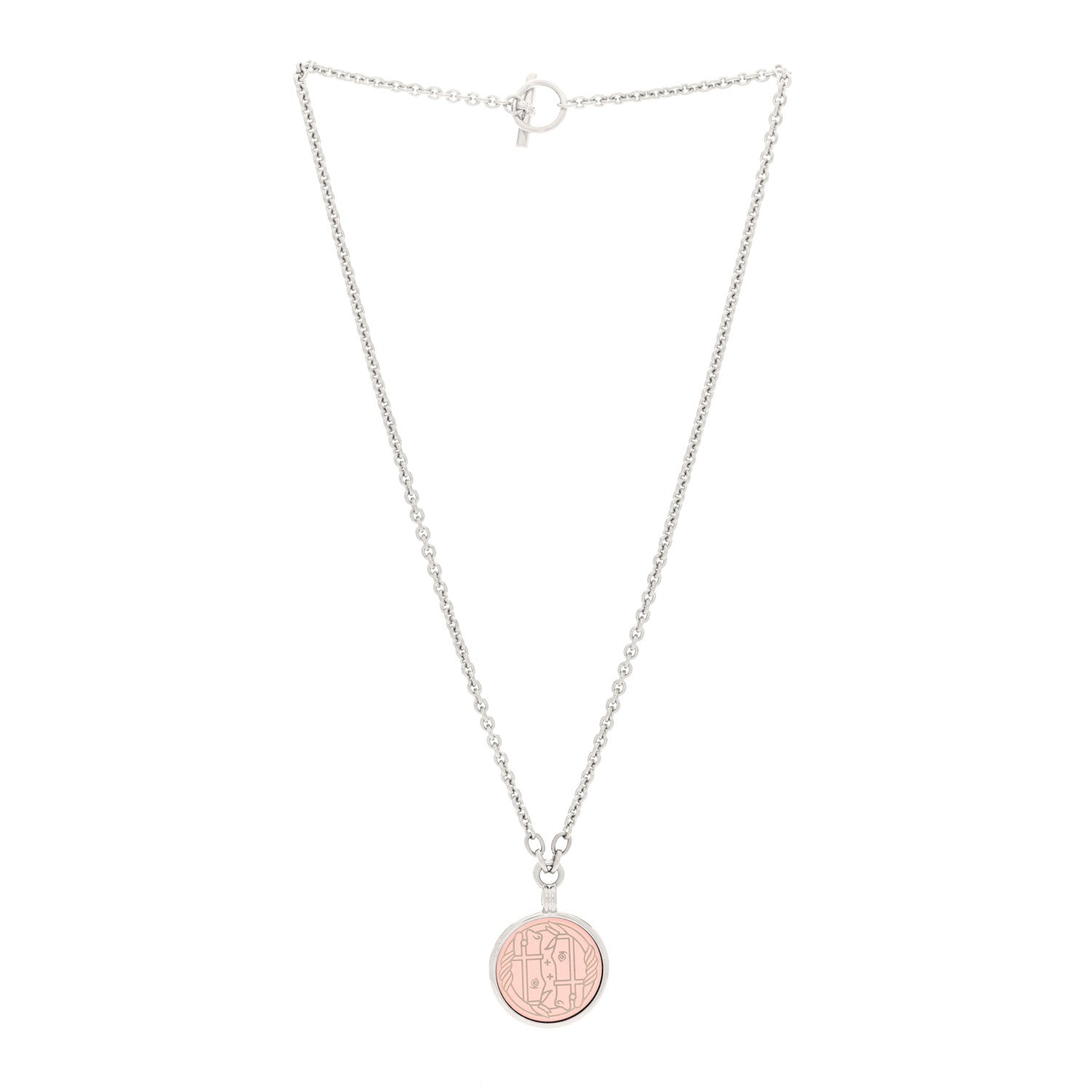 Hermes Lacquered Palladium Enamel Collier Medaille PM Necklace Rose Candeur 3 of 5
