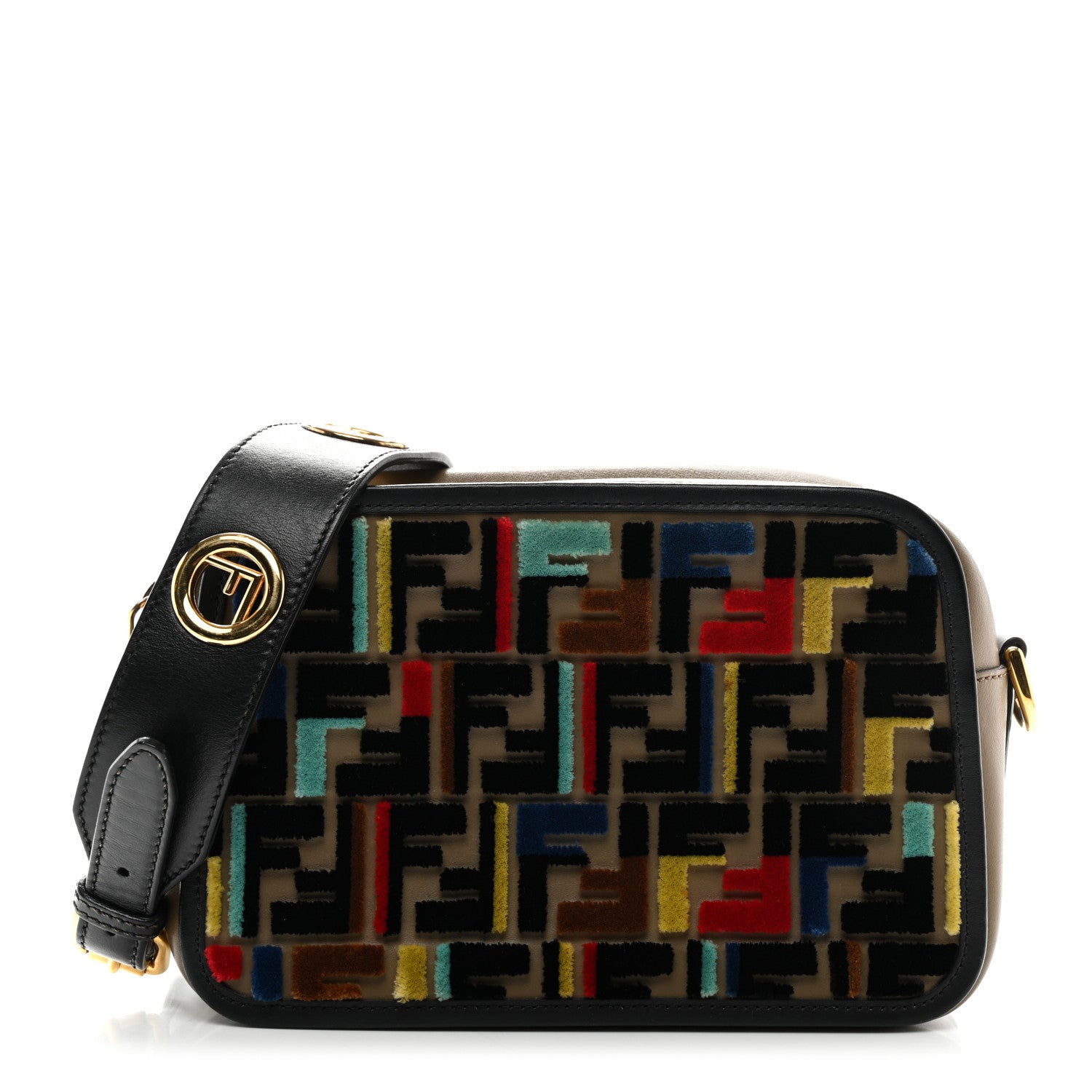 Fendi Vitello Century Velvet F is Fendi FF Multicolor Bi-Color Camera Case Fango Black Multicolor 1 of 10