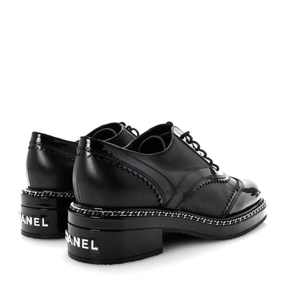 Chanel Lambskin Patent Calfskin CC Brogue Lace Up Oxfords 38 Black 5 of 11
