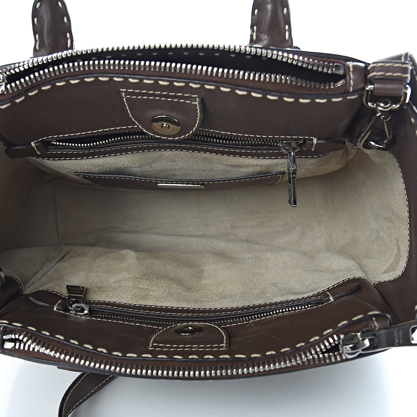 City Calf Small Stitched Twin Pocket Tote Cacao White