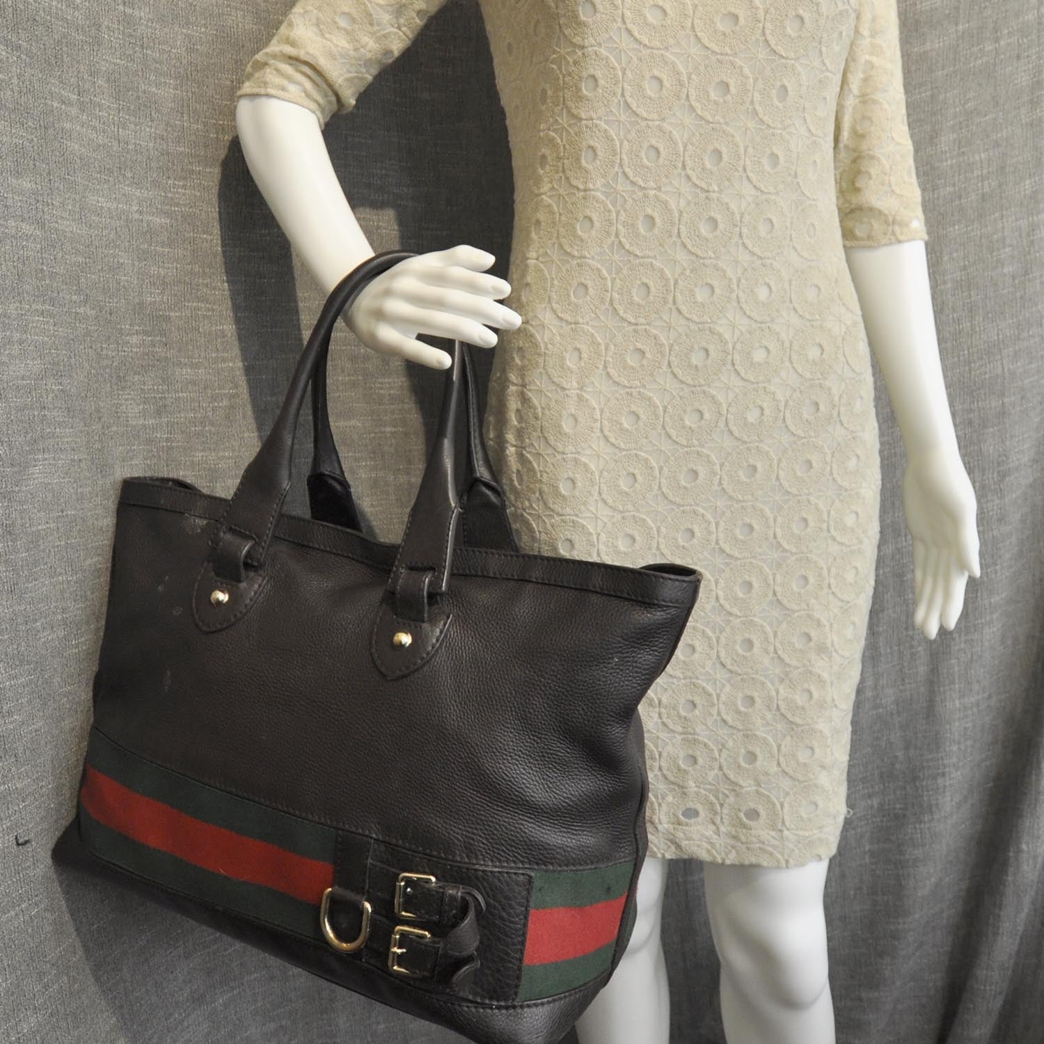 Gucci Leather Large Web Heritage Tote Dark Brown 3 of 9