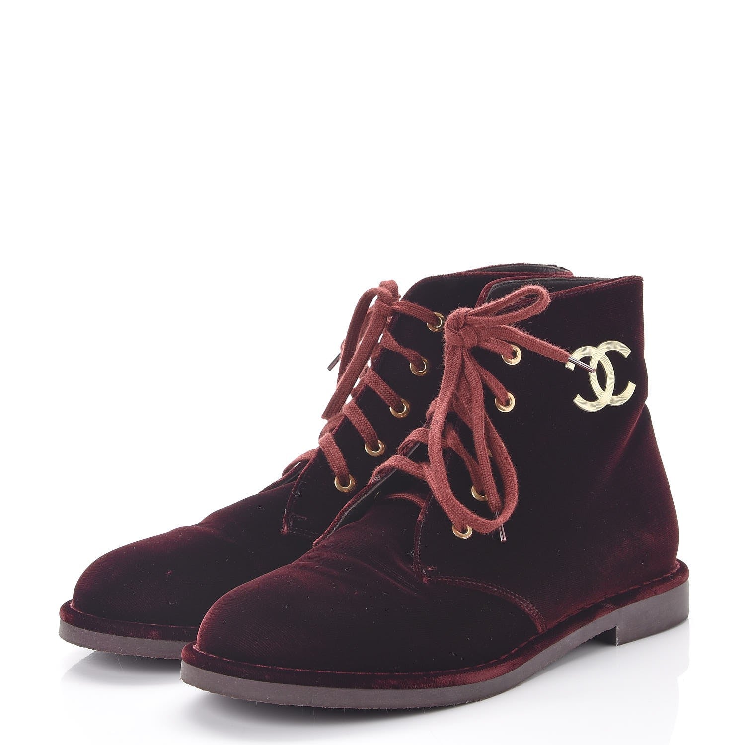 Chanel Velvet CC Lace Up Boots 39.5 Burgundy 3 of 9