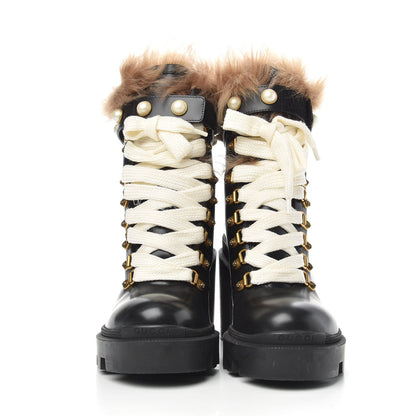 Gucci Magnum Calfskin Fur Pearl Lace Up Combat Ankle Boots 37 Black Naturale 3 of 7