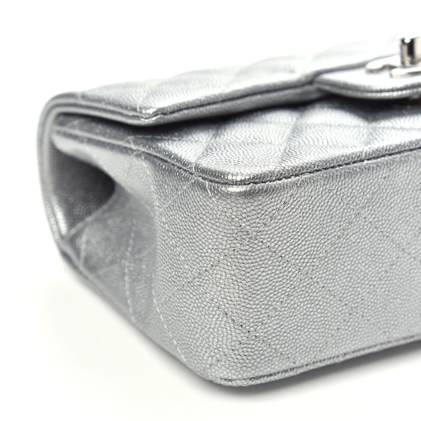 Metallic Caviar Quilted Mini Top Handle Rectangular Flap Silver