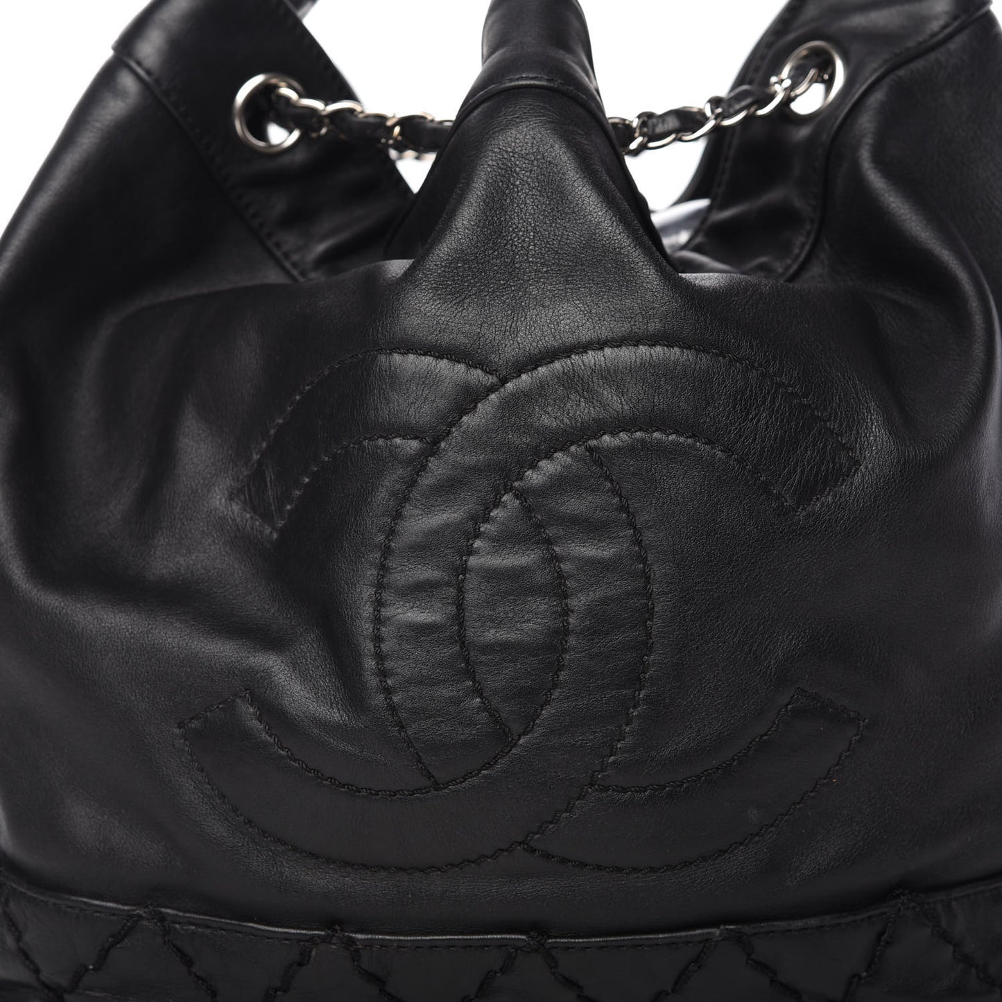 Calfskin Drawstring CC Bucket Bag Black