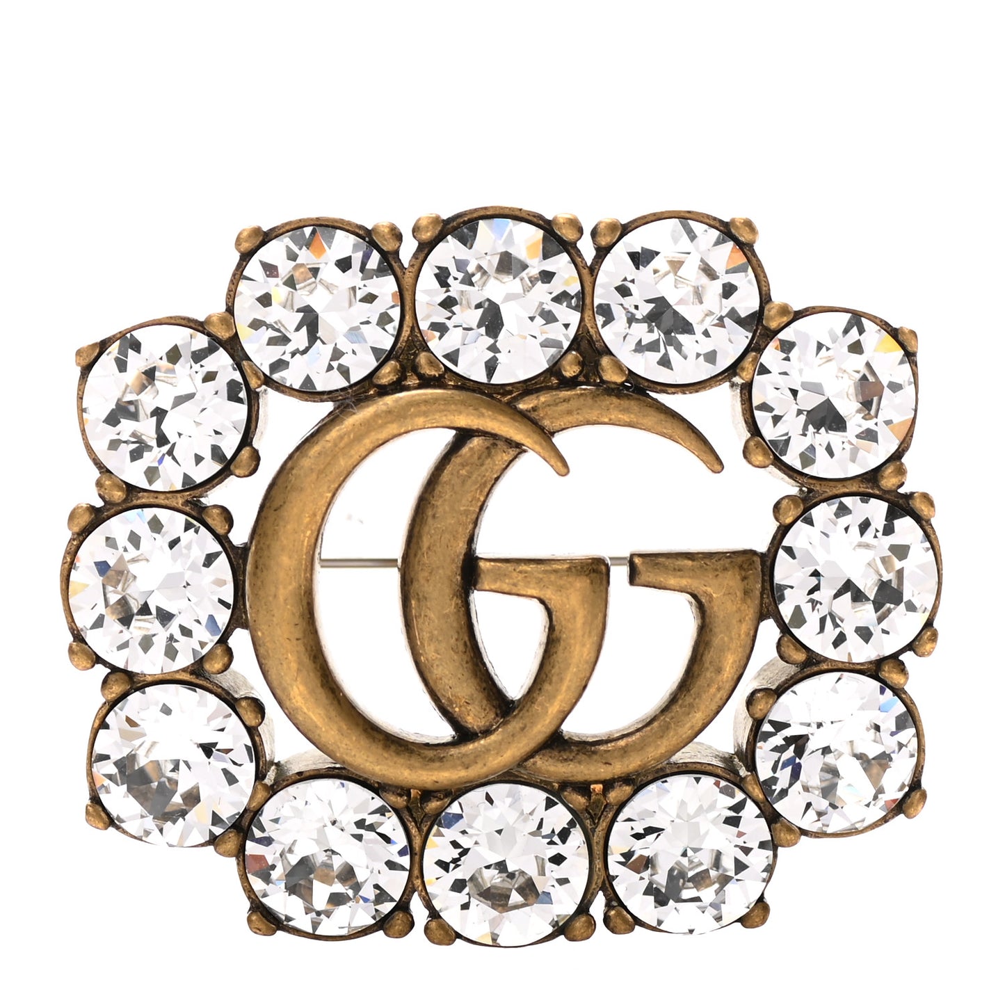 Metal Crystal Double G Brooch Aged Gold