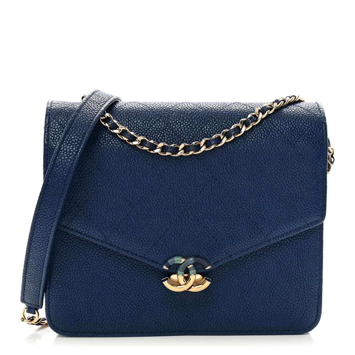 Grained Calfskin Quilted Cuba Square Wallet On Chain WOC Blue