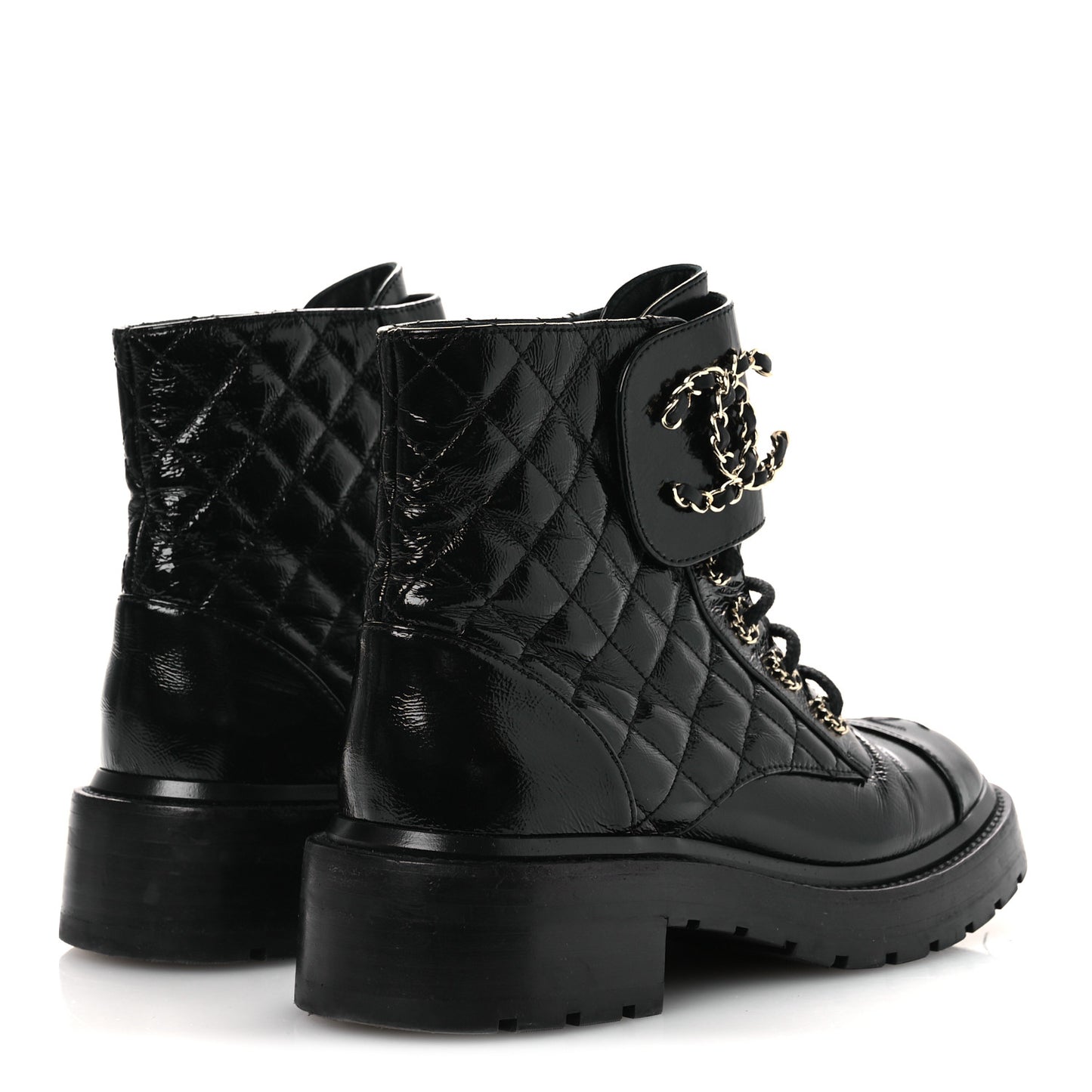 Shiny Calfskin Quilted Lace Up Combat Boots 37 Black