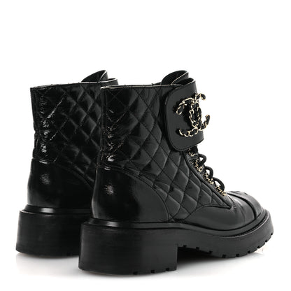 Chanel Shiny Calfskin Quilted Lace Up Combat Boots 37 Black 9 of 28