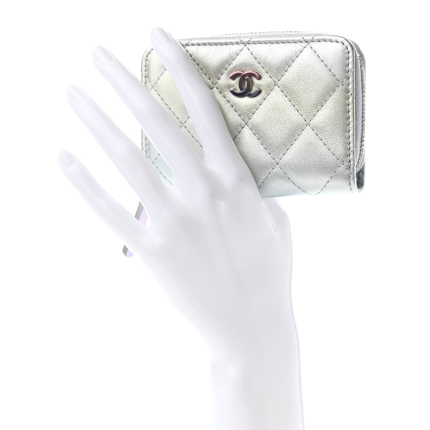 Gradient Metallic Calfskin Quilted Zip Around Coin Purse Wallet Silver Blue Yellow Purple