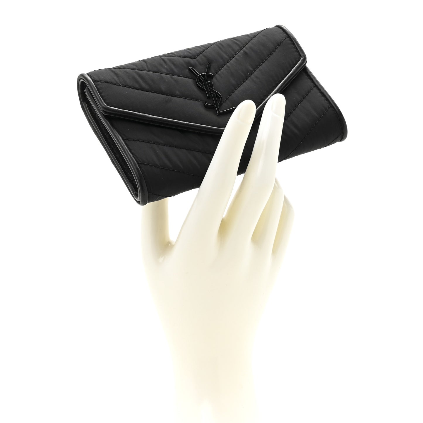Calfskin Nylon Matelasse Chevron Small Monogram Envelope Wallet Black