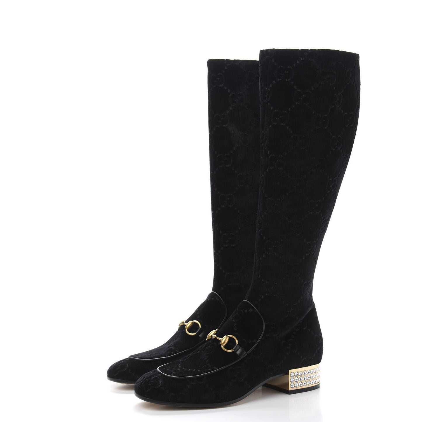 Velvet GG Monogram Crystal Horsebit Knee High Boots 38.5 Black