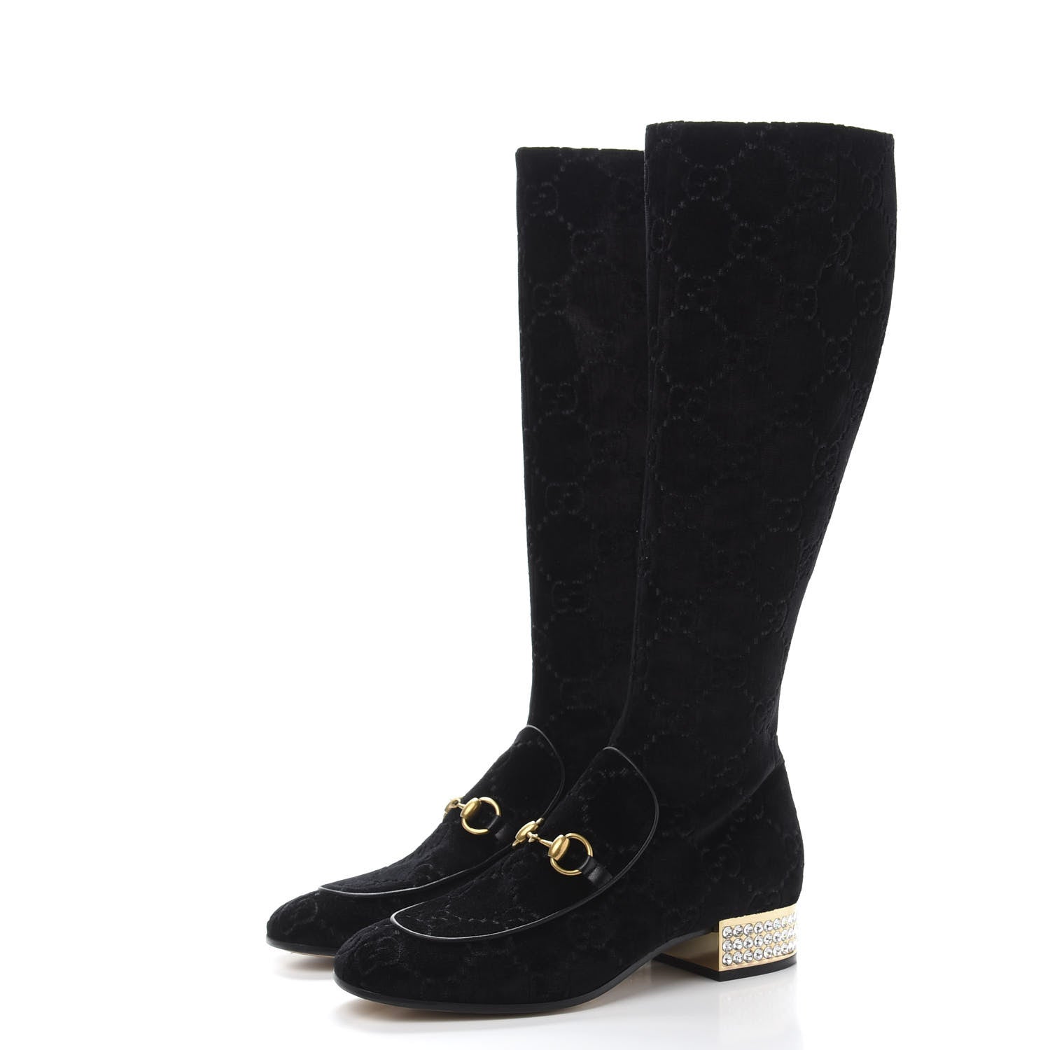 Gucci Velvet GG Monogram Crystal Horsebit Knee High Boots 38.5 Black 3 of 9
