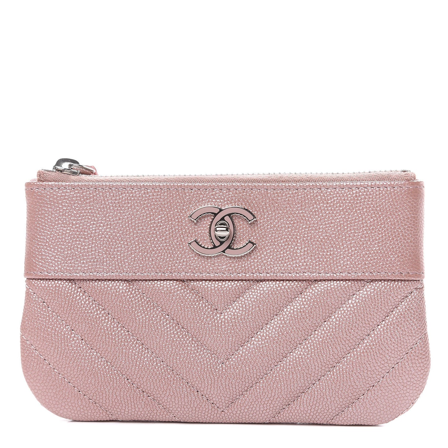 Metallic Caviar Chevron Quilted Small Vintage Mademoiselle Cosmetic Case Pink