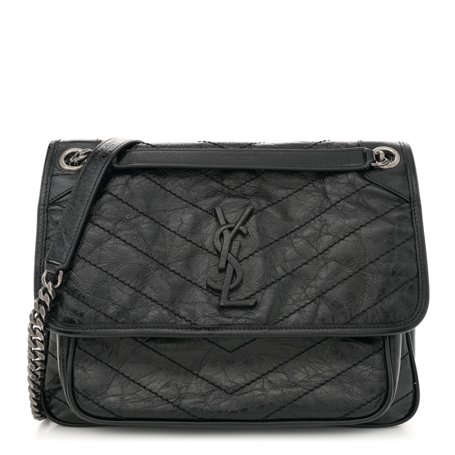 Saint Laurent Crinkled Calfskin Matelasse Monogram Medium Niki Chain Satchel Black 1 of 12