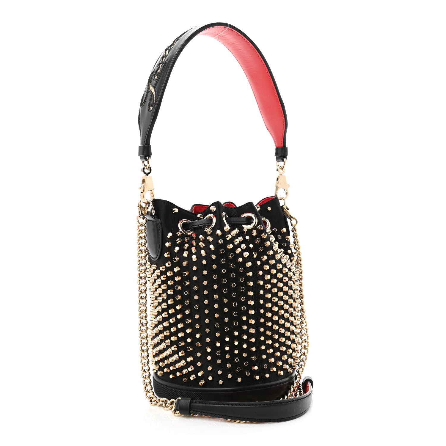 Christian Louboutin Silk Satin Calfskin Marie Jane Loubirun Studded Bucket Black Gold Platine 4 of 12