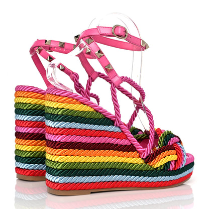 Valentino Garavani Calfskin Rockstud Ankle Strap Torchon Espadrille 25/115mm Wedge Sandals 37 Feminine Pink Multicolor 4 of 8