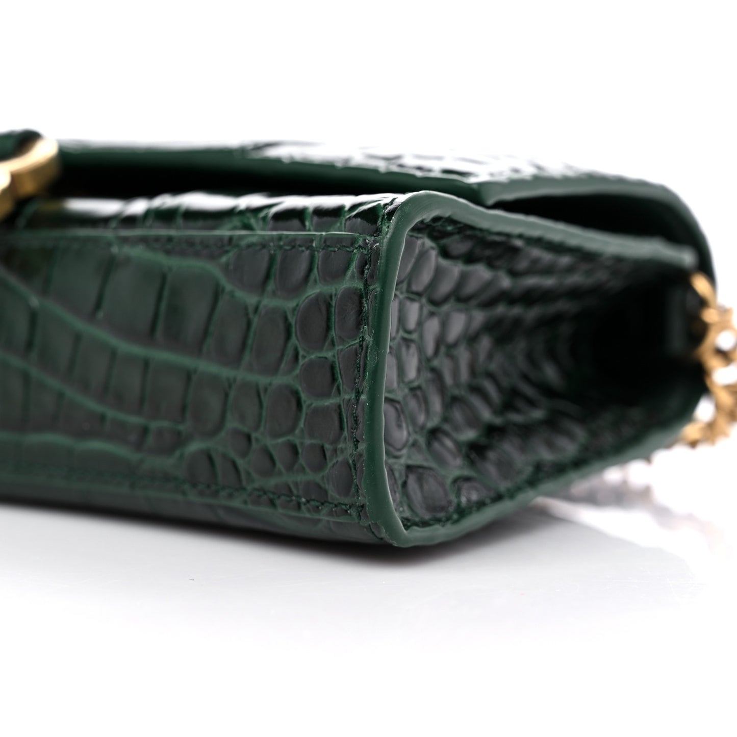 Shiny Calfskin Crocodile Embossed Hourglass Chain Bag Forest Green
