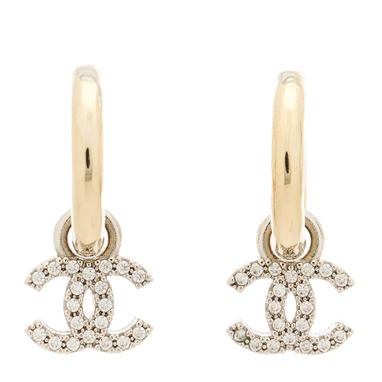 Chanel Metal Crystal CC Hoop Drop Earrings Gold 1 of 5