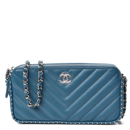 Chanel Lambskin Chevron Quilted Studded Small Clutch With Chain Blue 1 of 14