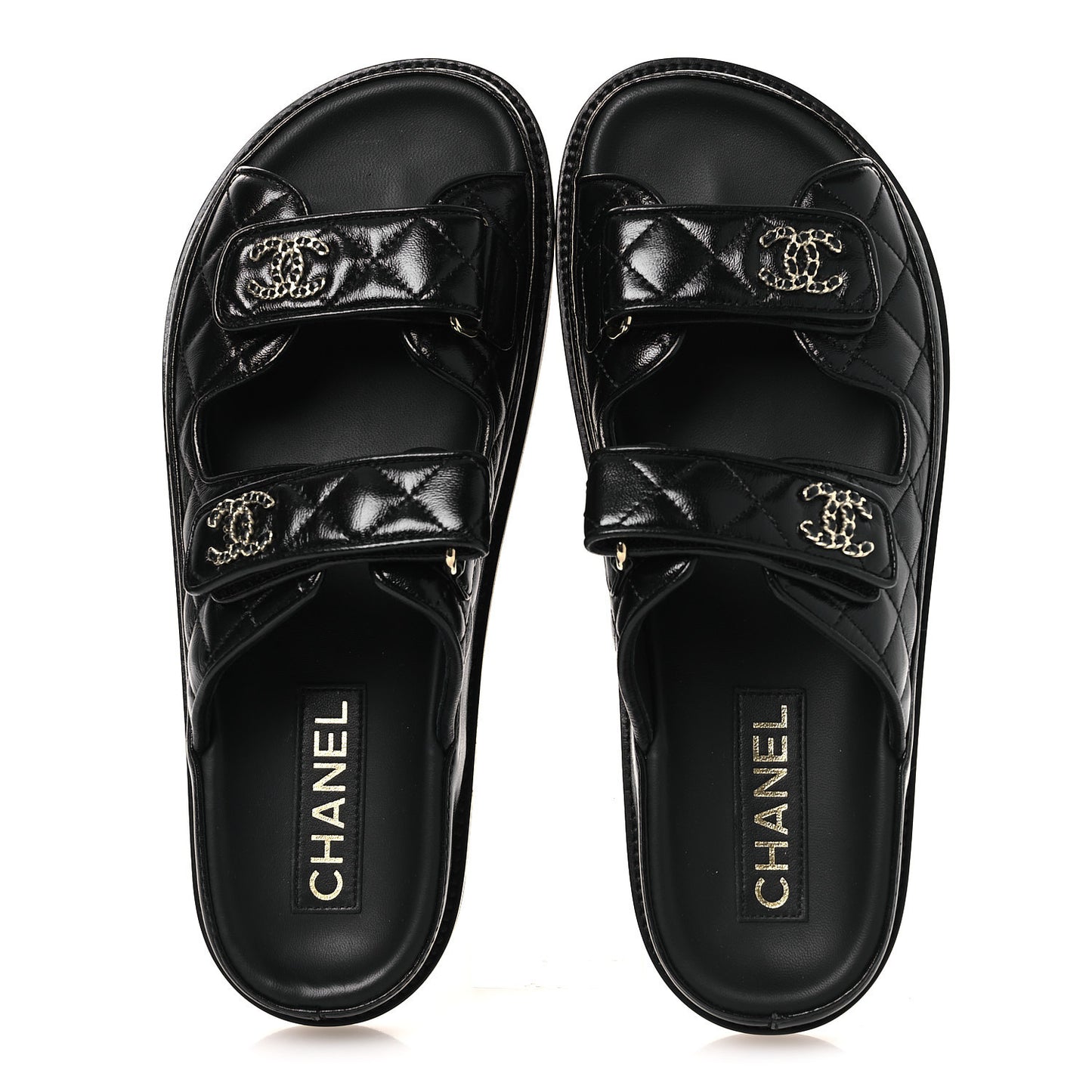 Lambskin Quilted Velcro Dad Chain CC Slide Sandals 38.5 Black