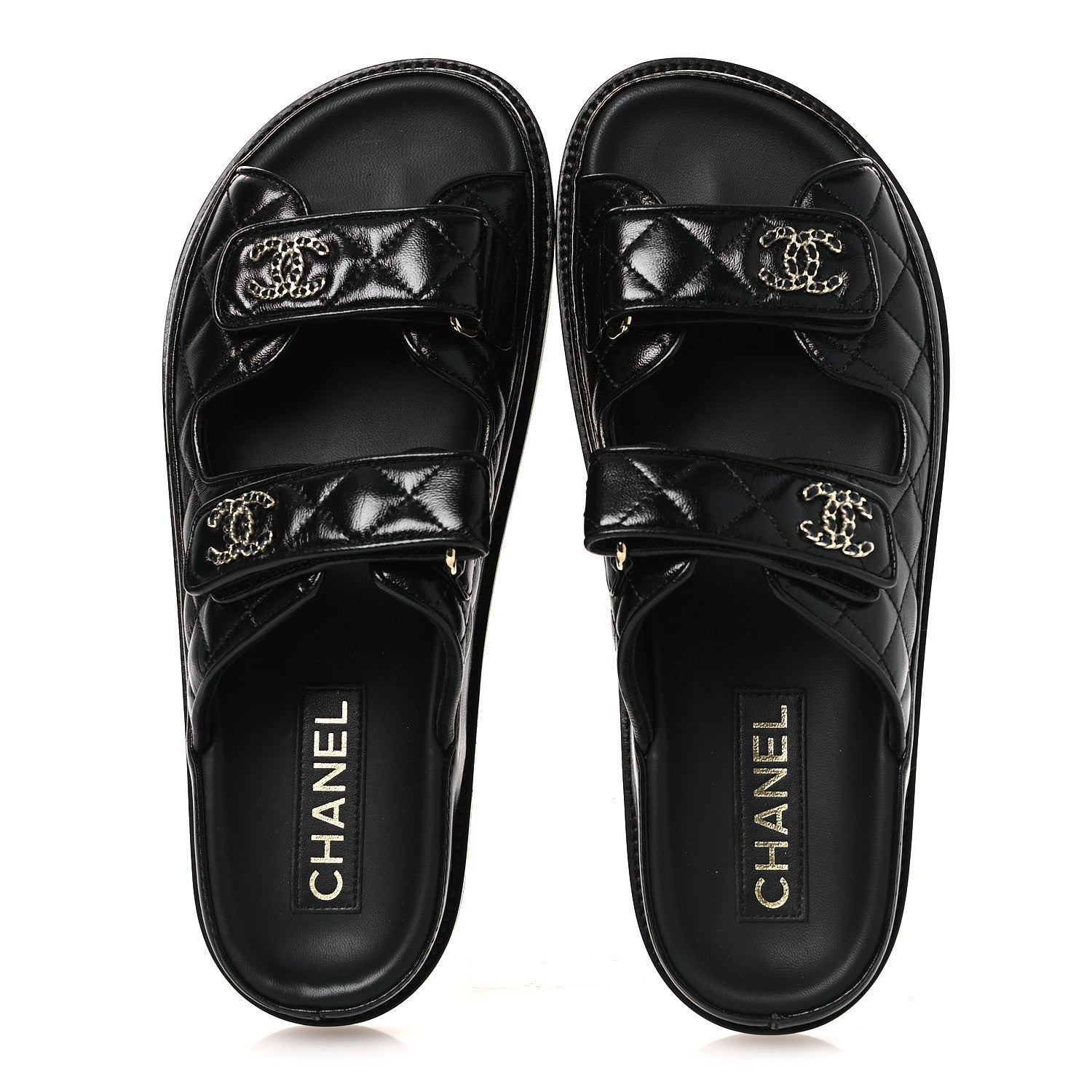 Chanel Lambskin Quilted Velcro Dad Chain CC Slide Sandals 38.5 Black 2 of 12
