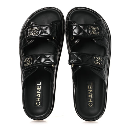 Chanel Lambskin Quilted Velcro Dad Chain CC Slide Sandals 38.5 Black 2 of 12